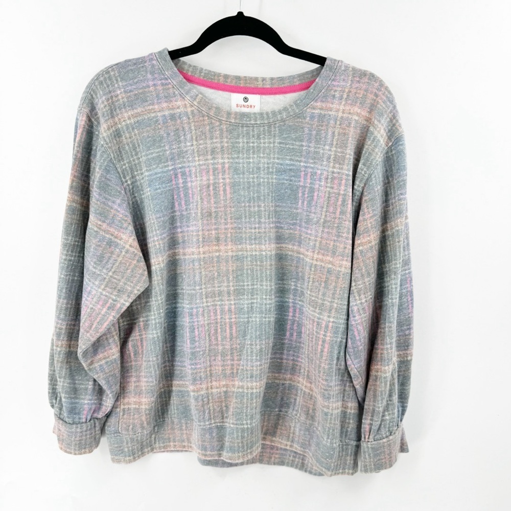 ✅‎ Sundry Knit Plaid Crew Neck Long Sleeve Pullover Sweatshirt Gray Size 3/L